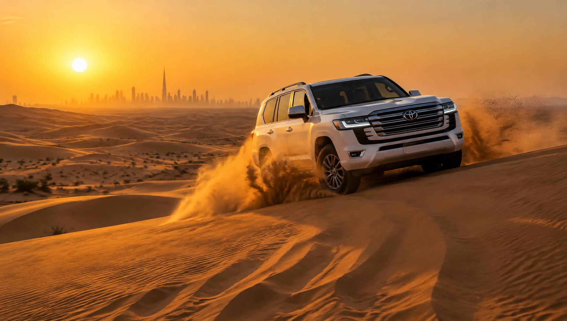 4x4 cresting a golden dune in the Dubai desert at sunset